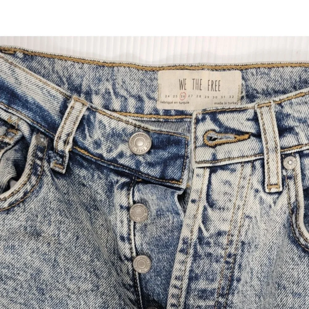 We The Free People Stella Jeans Women 26 Blue AcidWash Skinny Button Fly Raw Hem
